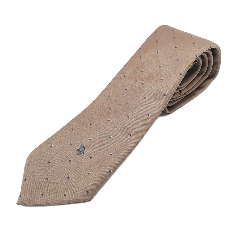 Vintage Christian Dior Silk Blend Tie Tan Brown Geometric Dot Embroidered Logo